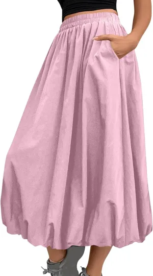 Womens Casual Solid Boho High Waisted Flowy Maxi Skirts Trendy Cute Long Skirts with Pockets 2025 Summer Fashion