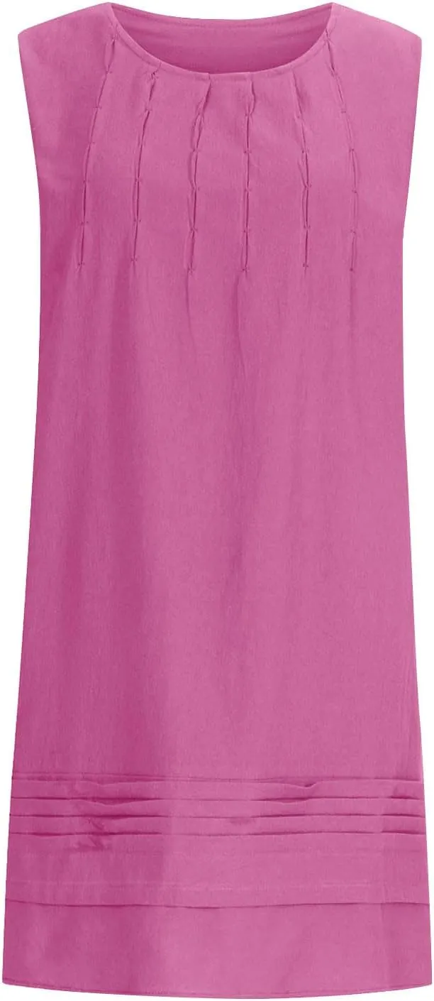 Womens Cotton Linen Shift Dresses Casual Loose Summer Sleeveless Pleated Midi Tshirt Sundress Beach Gauze Dress