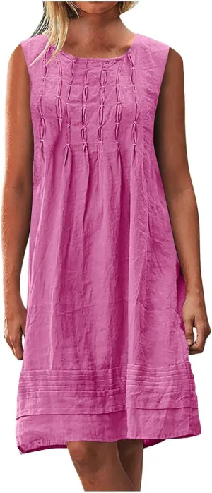 Womens Cotton Linen Shift Dresses Casual Loose Summer Sleeveless Pleated Midi Tshirt Sundress Beach Gauze Dress
