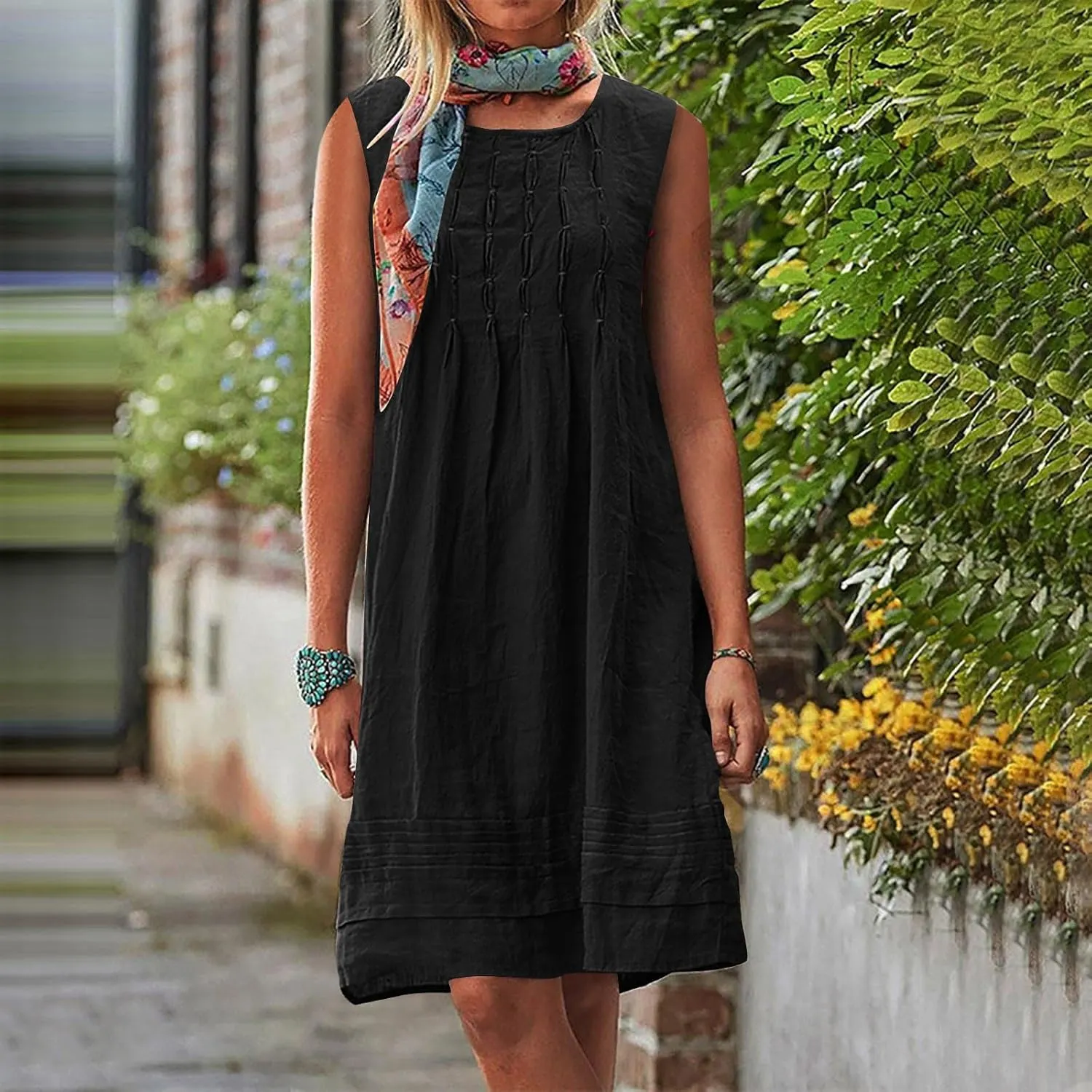 Womens Cotton Linen Shift Dresses Casual Loose Summer Sleeveless Pleated Midi Tshirt Sundress Beach Gauze Dress