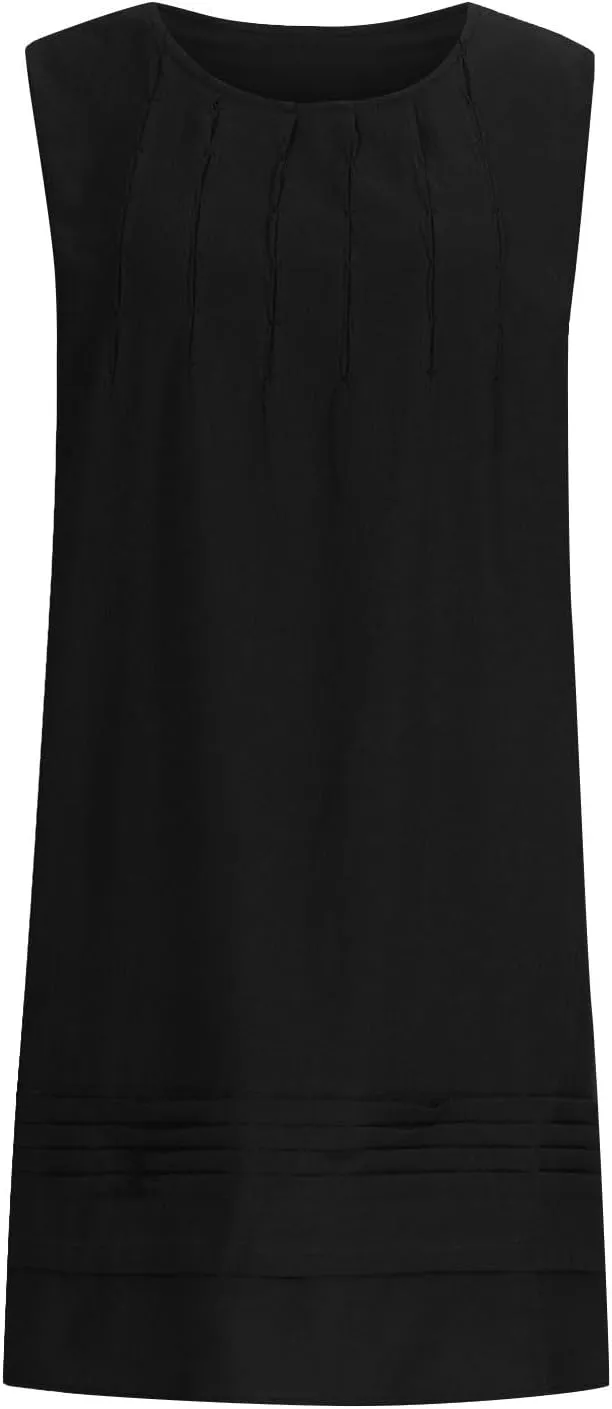 Womens Cotton Linen Shift Dresses Casual Loose Summer Sleeveless Pleated Midi Tshirt Sundress Beach Gauze Dress