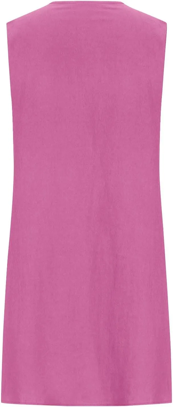 Womens Cotton Linen Shift Dresses Casual Loose Summer Sleeveless Pleated Midi Tshirt Sundress Beach Gauze Dress
