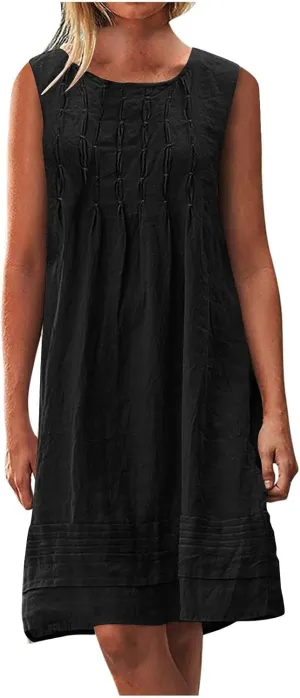 Womens Cotton Linen Shift Dresses Casual Loose Summer Sleeveless Pleated Midi Tshirt Sundress Beach Gauze Dress