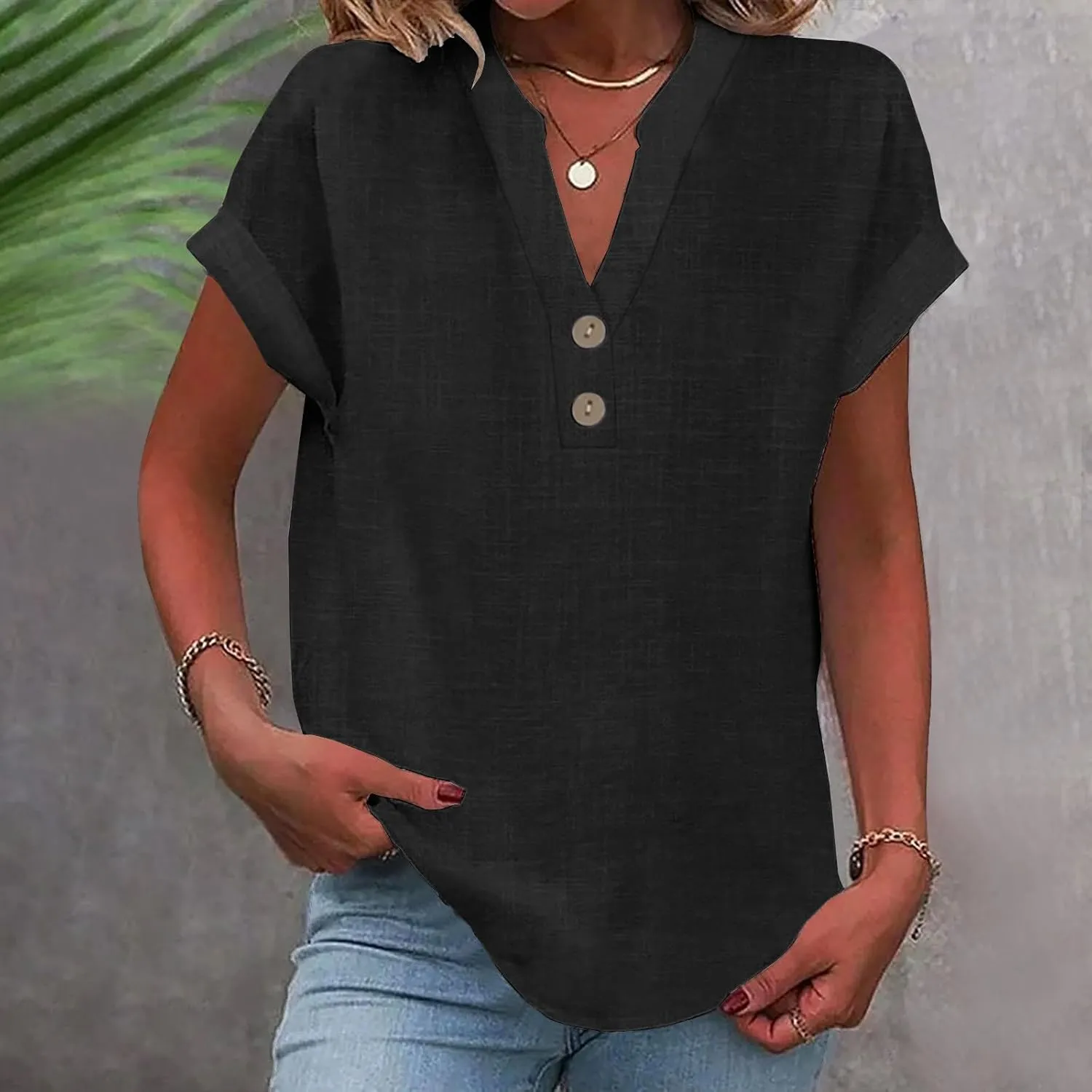 Womens Cotton Linen Tops Button V-Neck Tunic Shirts 2025 Summer Fashion Outfit Dressy Casual Short Sleeve Blouses