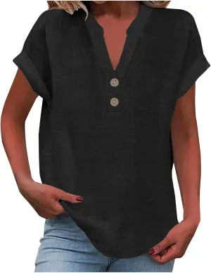 Womens Cotton Linen Tops Button V-Neck Tunic Shirts 2025 Summer Fashion Outfit Dressy Casual Short Sleeve Blouses