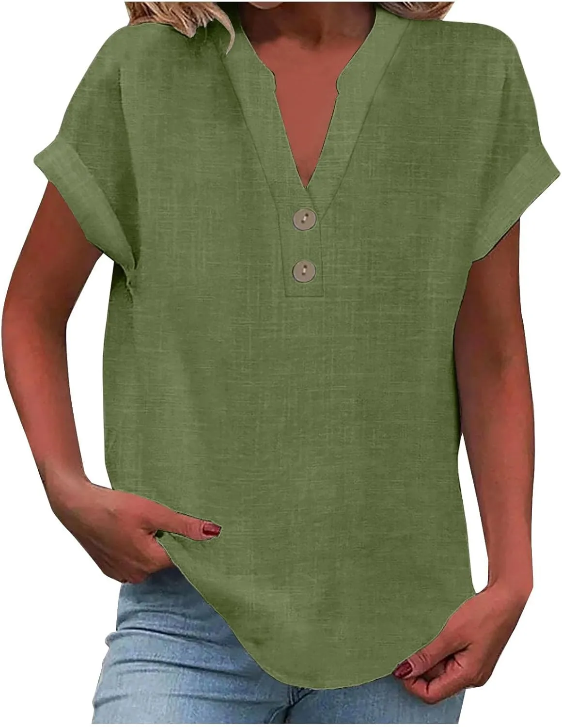 Womens Cotton Linen Tops Button V-Neck Tunic Shirts 2025 Summer Fashion Outfit Dressy Casual Short Sleeve Blouses