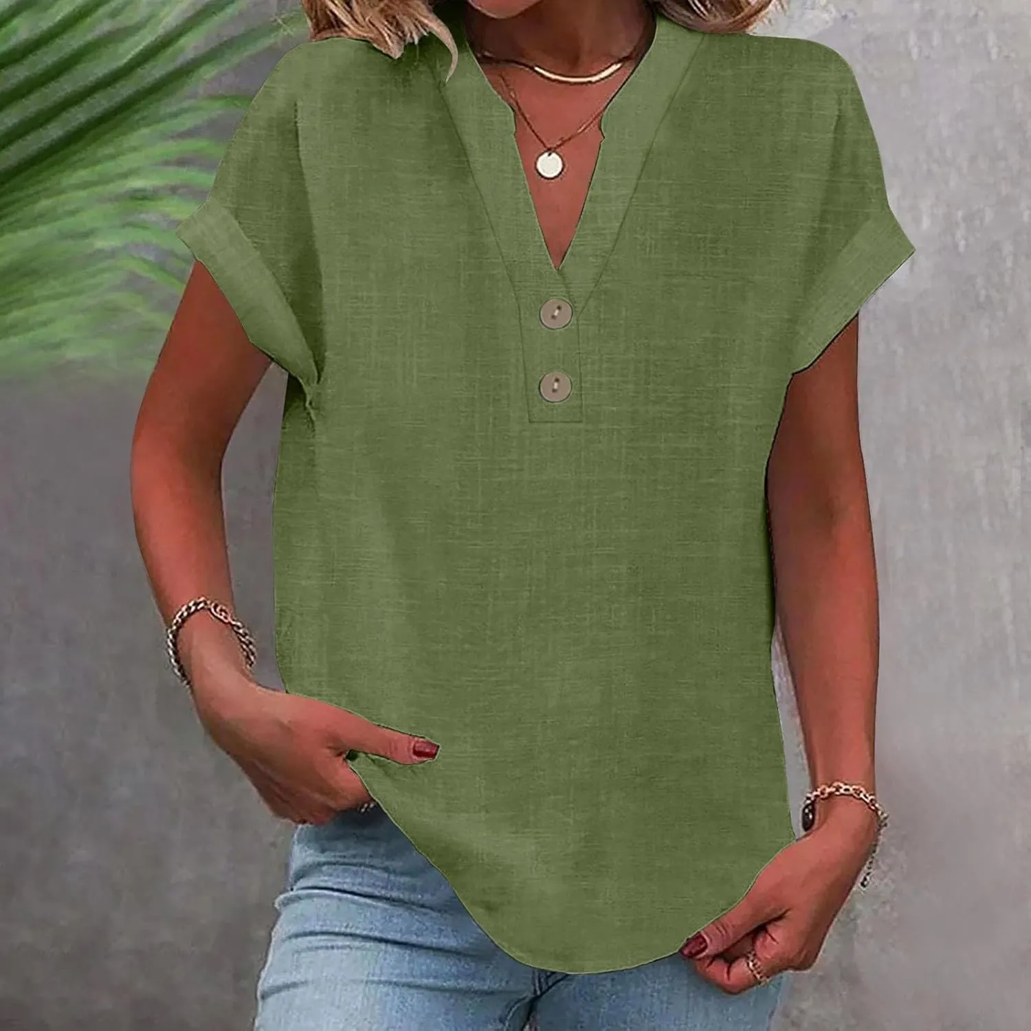 Womens Cotton Linen Tops Button V-Neck Tunic Shirts 2025 Summer Fashion Outfit Dressy Casual Short Sleeve Blouses