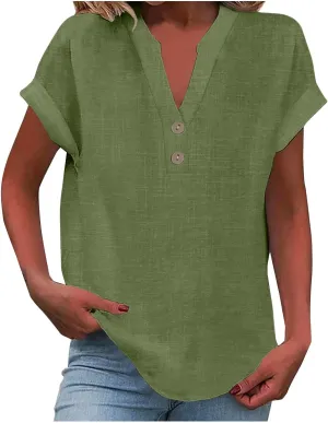Womens Cotton Linen Tops Button V-Neck Tunic Shirts 2025 Summer Fashion Outfit Dressy Casual Short Sleeve Blouses