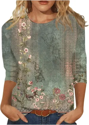 Women's Crewneck 3/4 Sleeve Tops,Casual Trendy Loose Fit Summer T Shirts Plain Tees Basic Tunic Blouses