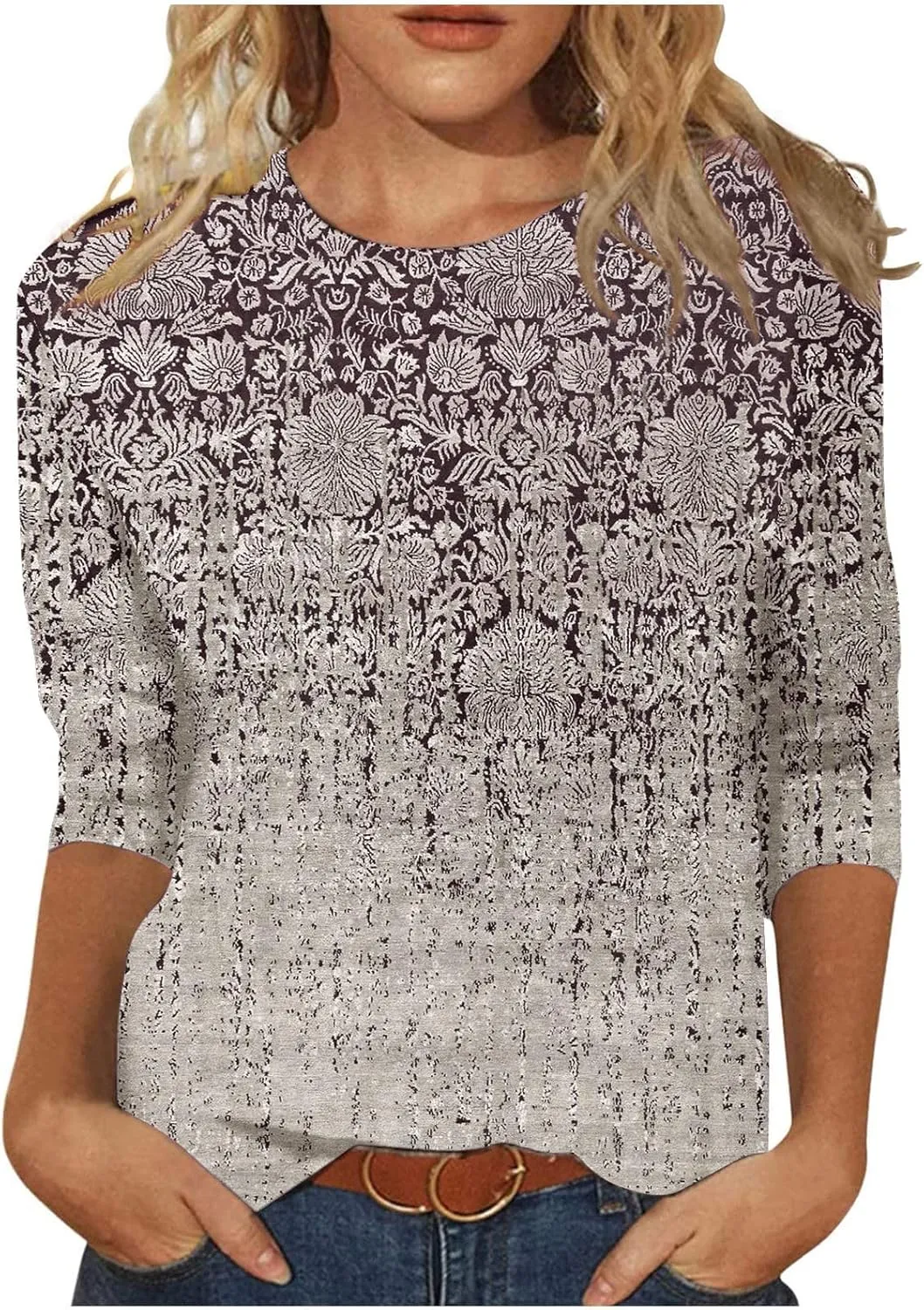 Women's Crewneck 3/4 Sleeve Tops,Casual Trendy Loose Fit Summer T Shirts Plain Tees Basic Tunic Blouses