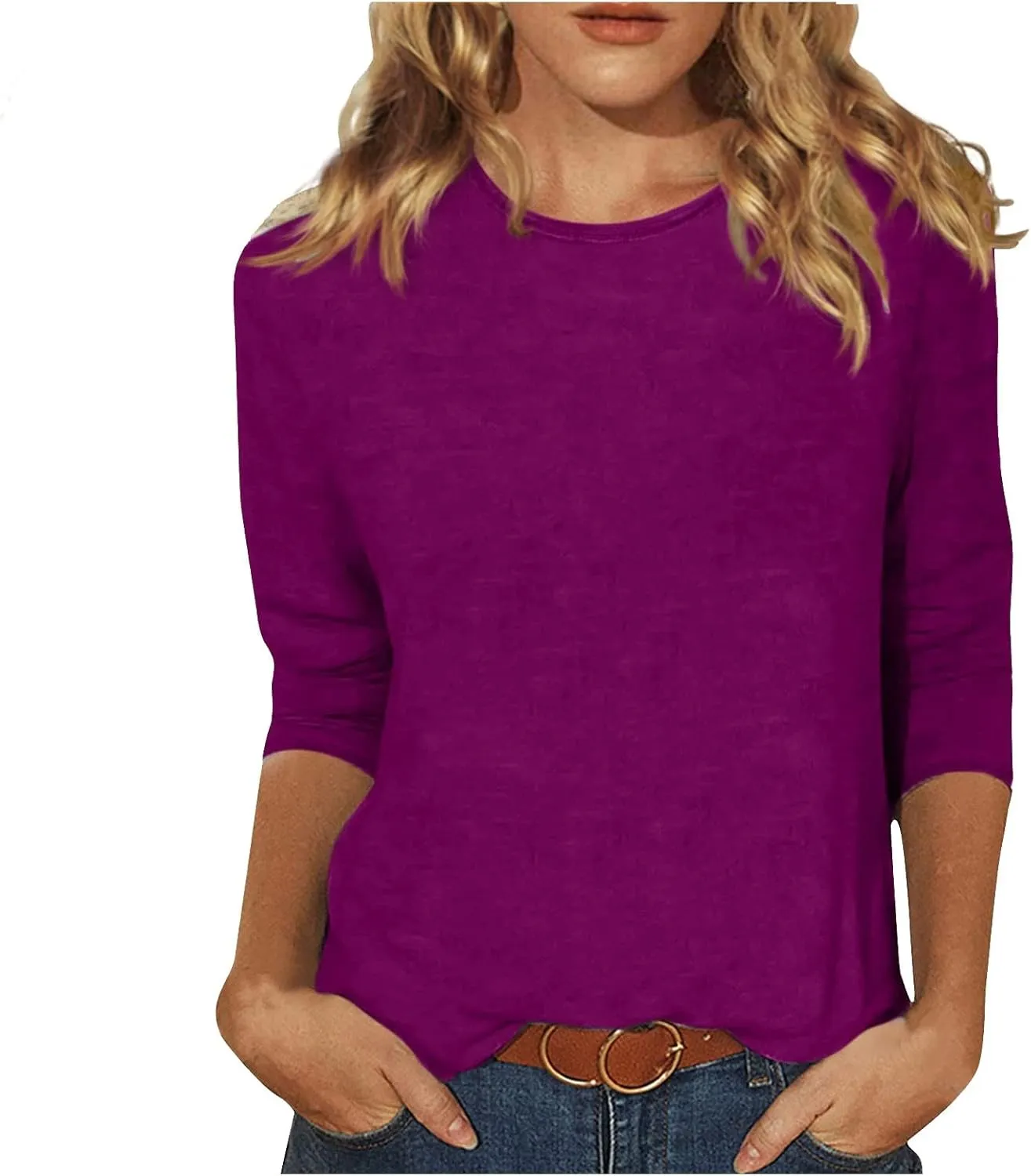 Women's Crewneck 3/4 Sleeve Tops,Casual Trendy Loose Fit Summer T Shirts Plain Tees Basic Tunic Blouses