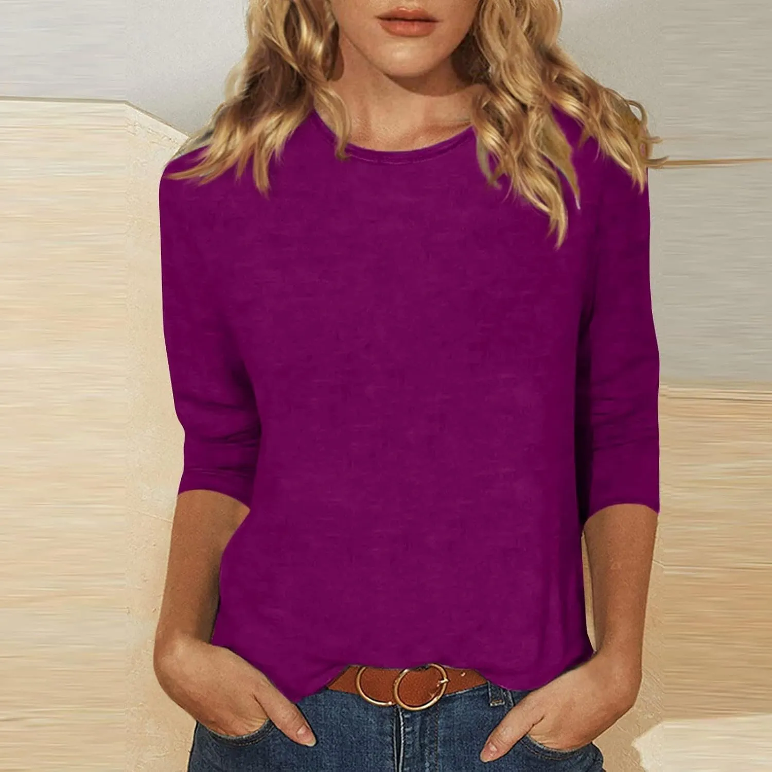 Women's Crewneck 3/4 Sleeve Tops,Casual Trendy Loose Fit Summer T Shirts Plain Tees Basic Tunic Blouses