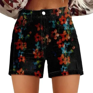 Womens Denim Shorts Summer Casual High Waist Fit Art Retro Printed Floral Athletic Biker Sweatpants with Pockets