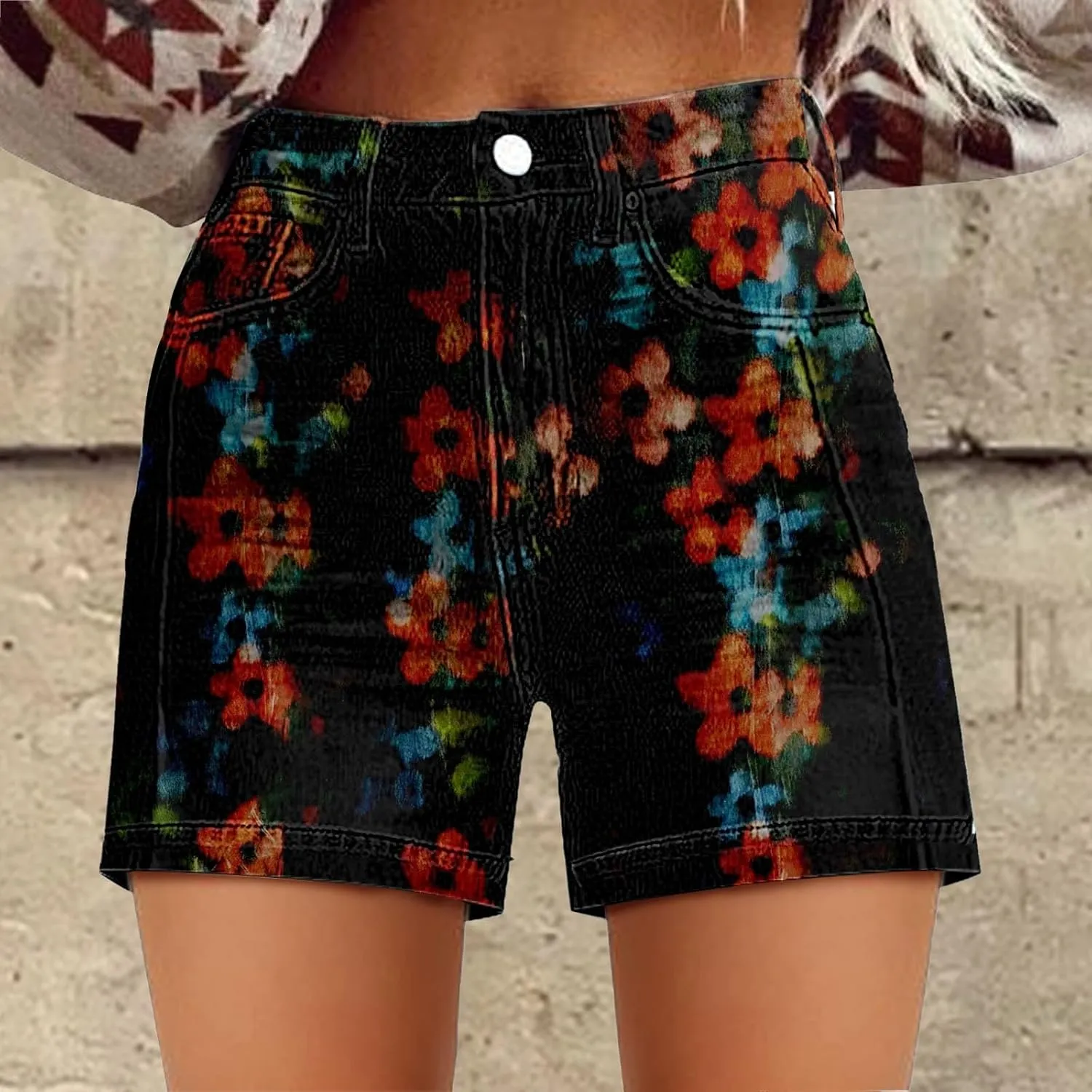 Womens Denim Shorts Summer Casual High Waist Fit Art Retro Printed Floral Athletic Biker Sweatpants with Pockets