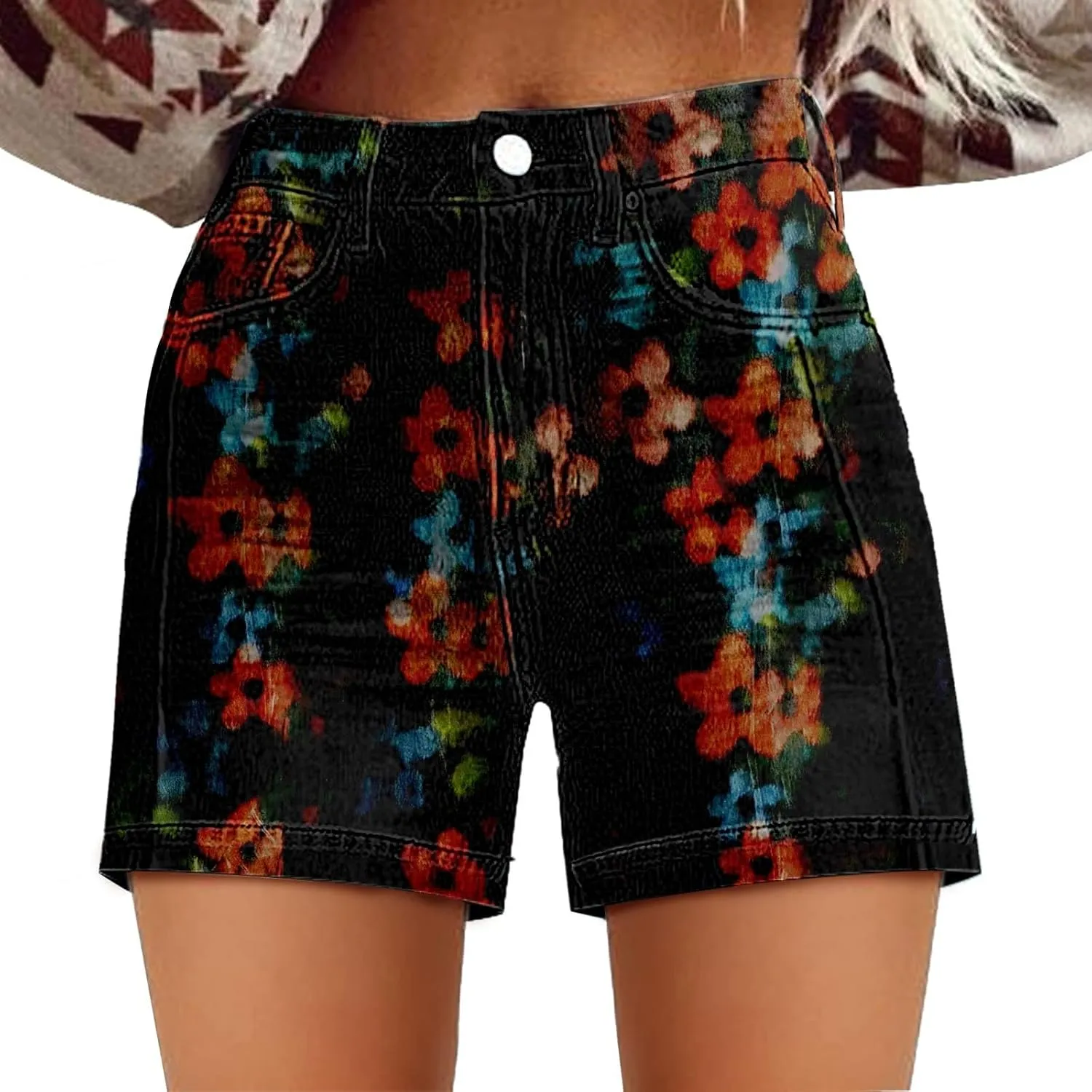 Womens Denim Shorts Summer Casual High Waist Fit Art Retro Printed Floral Athletic Biker Sweatpants with Pockets