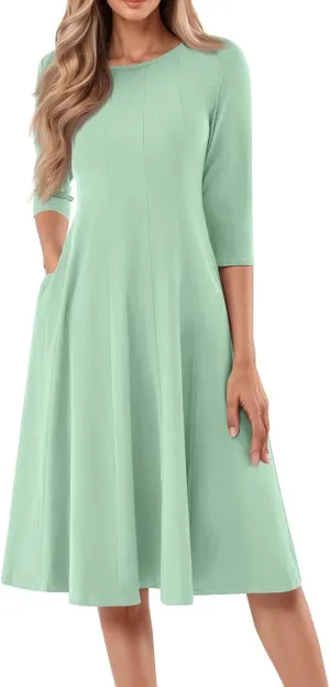 Womens Dress 3/4 Sleeve Summer Wrap Dress Plus Size Solid Plain Pleated Midi Dresses Spring Crewneck Dresses with Pocket
