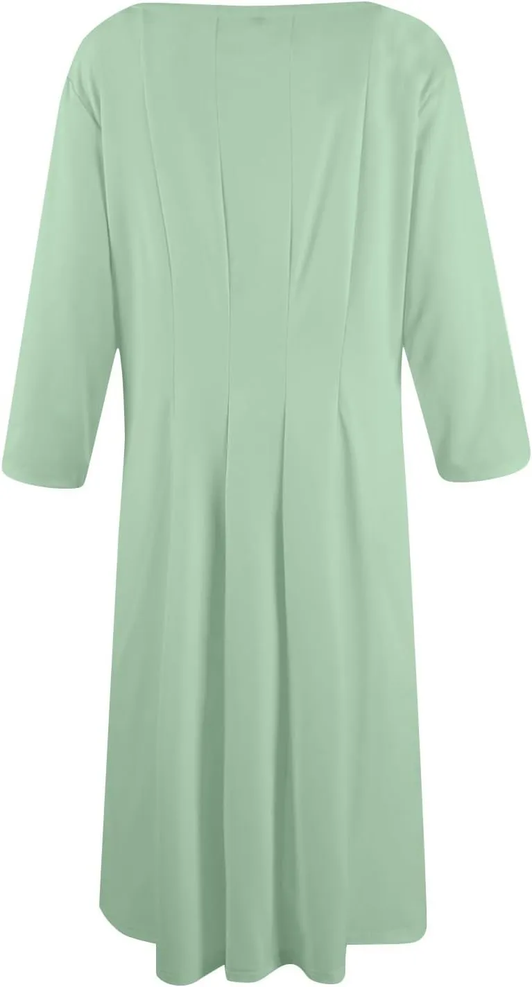 Womens Dress 3/4 Sleeve Summer Wrap Dress Plus Size Solid Plain Pleated Midi Dresses Spring Crewneck Dresses with Pocket