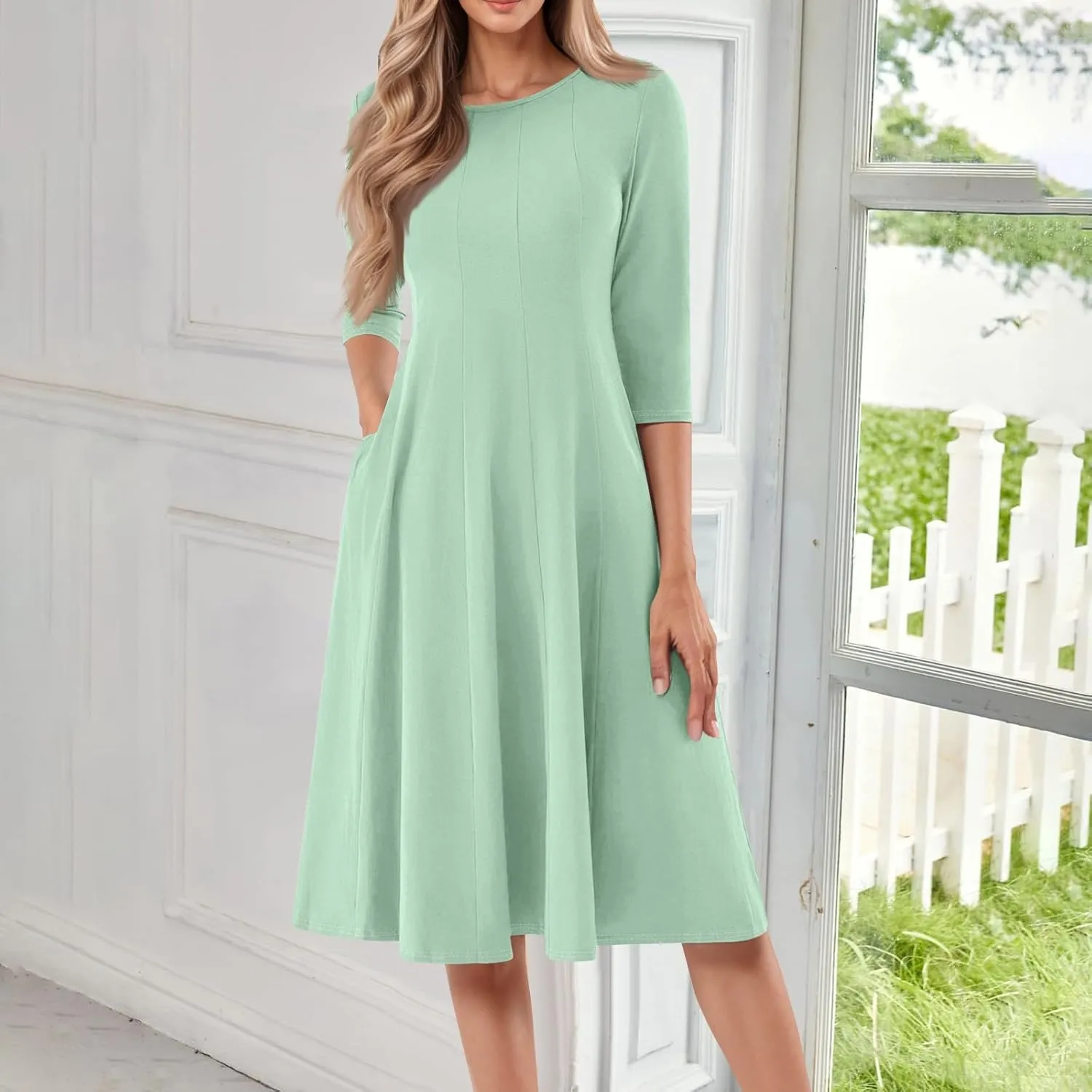 Womens Dress 3/4 Sleeve Summer Wrap Dress Plus Size Solid Plain Pleated Midi Dresses Spring Crewneck Dresses with Pocket