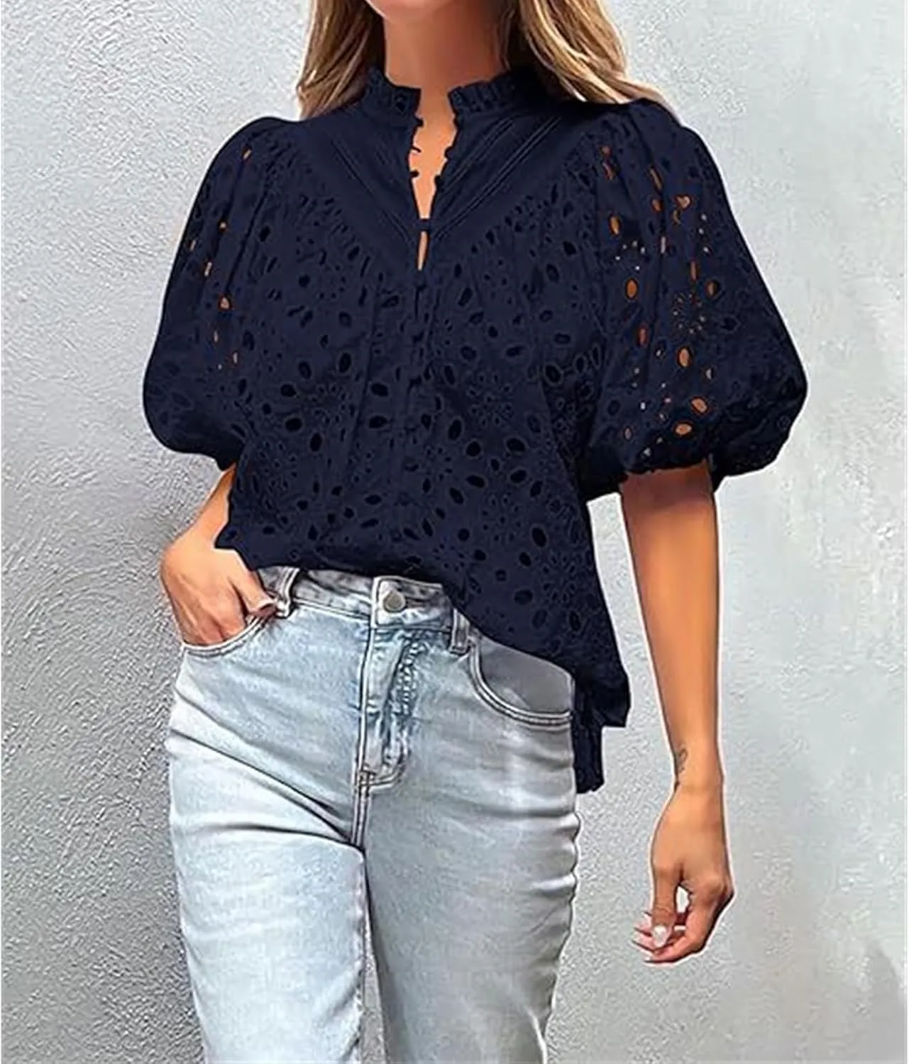 Women's Eyelet Tops Casual Puff Short Sleeve V Neck Tops Breathable Hollow Out Embroidered Shirts Button Down Shirts