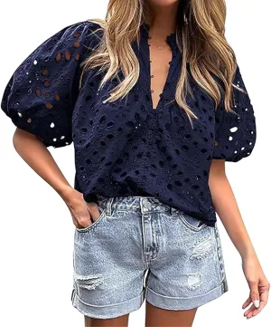 Women's Eyelet Tops Casual Puff Short Sleeve V Neck Tops Breathable Hollow Out Embroidered Shirts Button Down Shirts