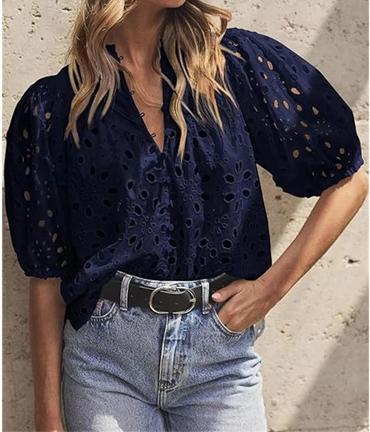Women's Eyelet Tops Casual Puff Short Sleeve V Neck Tops Breathable Hollow Out Embroidered Shirts Button Down Shirts
