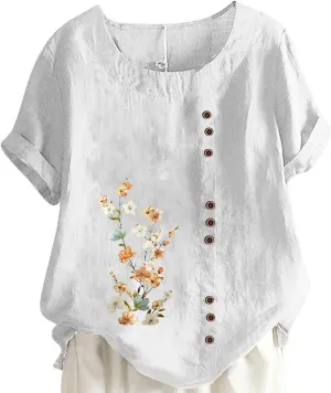 Womens Flower Print T Shirts - Short Sleeve Tank Tops Button Blouse Crewneck Summer Camisole Cotton and Linen Clothes