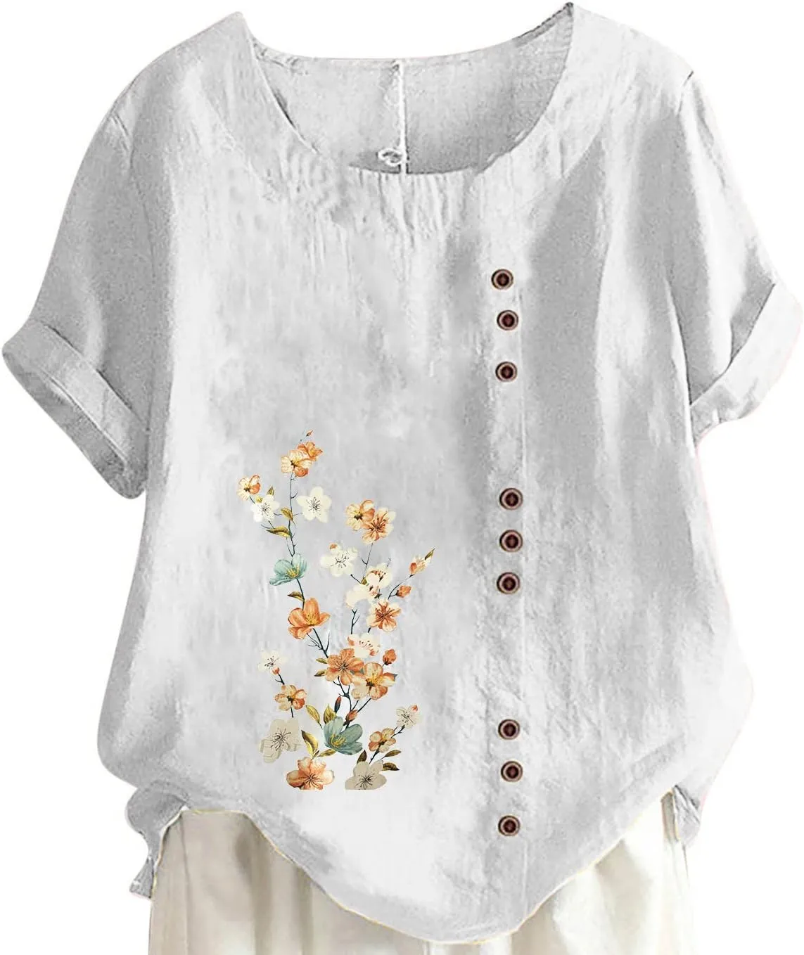Womens Flower Print T Shirts - Short Sleeve Tank Tops Button Blouse Crewneck Summer Camisole Cotton and Linen Clothes
