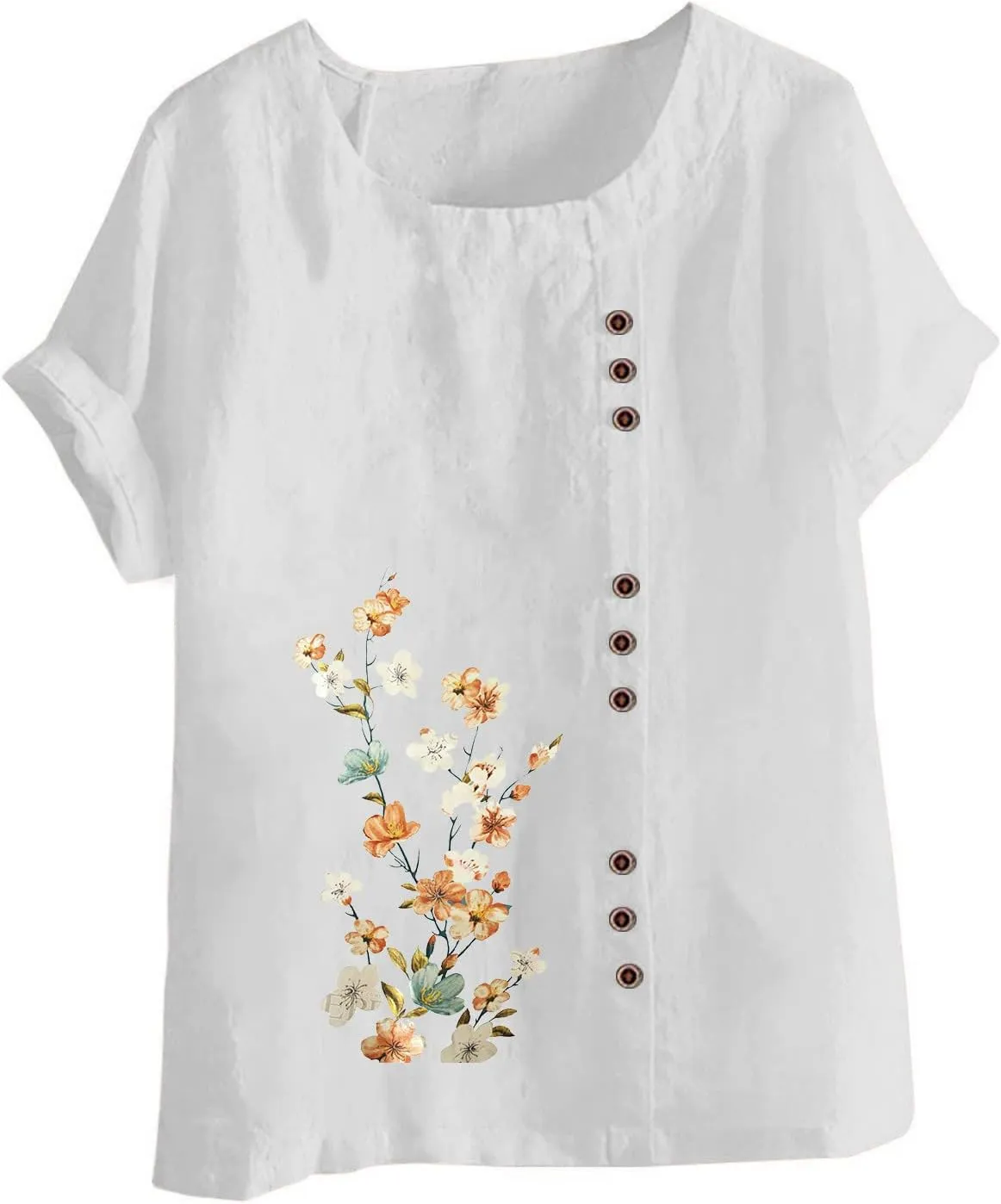 Womens Flower Print T Shirts - Short Sleeve Tank Tops Button Blouse Crewneck Summer Camisole Cotton and Linen Clothes