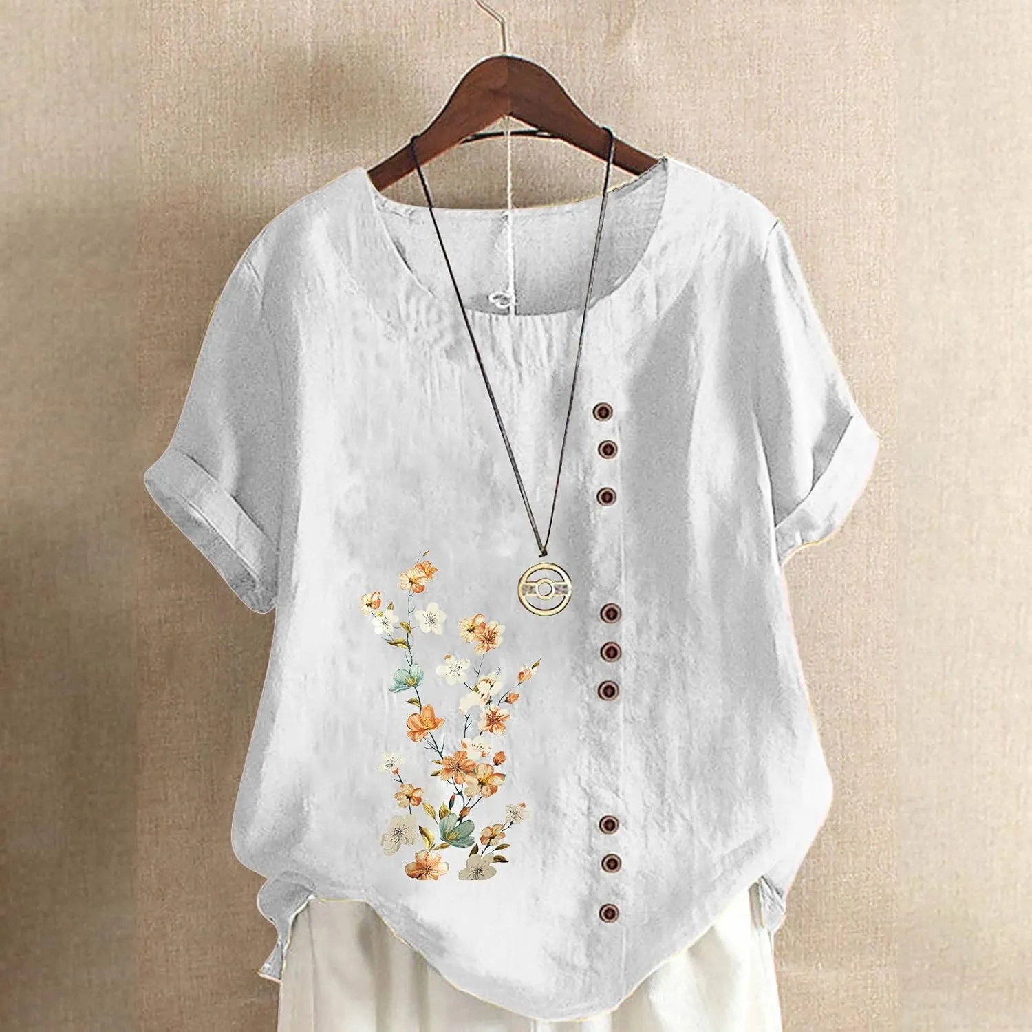 Womens Flower Print T Shirts - Short Sleeve Tank Tops Button Blouse Crewneck Summer Camisole Cotton and Linen Clothes