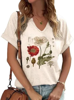 Womens Flowers V Neck Shirt Vintage Boho Floral Wildflowers Graphic Tees Casual Cottagecore Short Sleeve T Shirts
