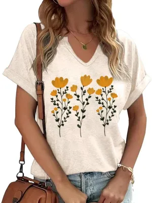 Womens Flowers V Neck Shirt Vintage Boho Floral Wildflowers Graphic Tees Casual Cottagecore Short Sleeve T Shirts