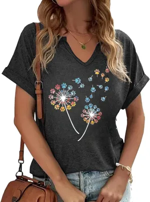 Womens Flowers V Neck Shirt Vintage Boho Floral Wildflowers Graphic Tees Casual Cottagecore Short Sleeve T Shirts