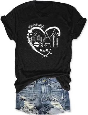 Womens Funny Heart Mountain Camping Tree Graphic Tee Forest Print T-Shirt Casual Hike Short Sleeve