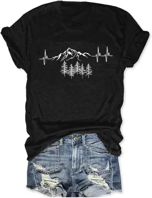 Womens Funny Heart Mountain Camping Tree Graphic Tee Forest Print T-Shirt Casual Hike Short Sleeve