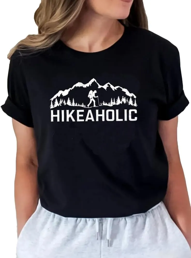 Womens Funny Heart Mountain Camping Tree Graphic Tee Forest Print T-Shirt Casual Hike Short Sleeve
