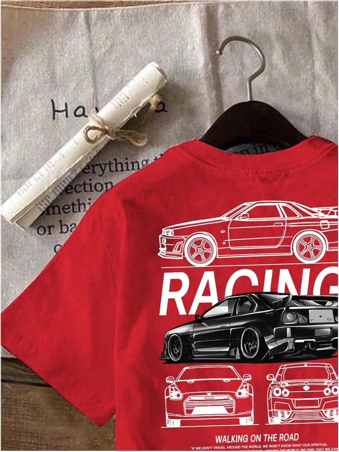 Women's Graphic Letter Tee Crew Neck Drop Shoulder Trendy Summer T Shirt Short Sleeve Vintage Car Print Top