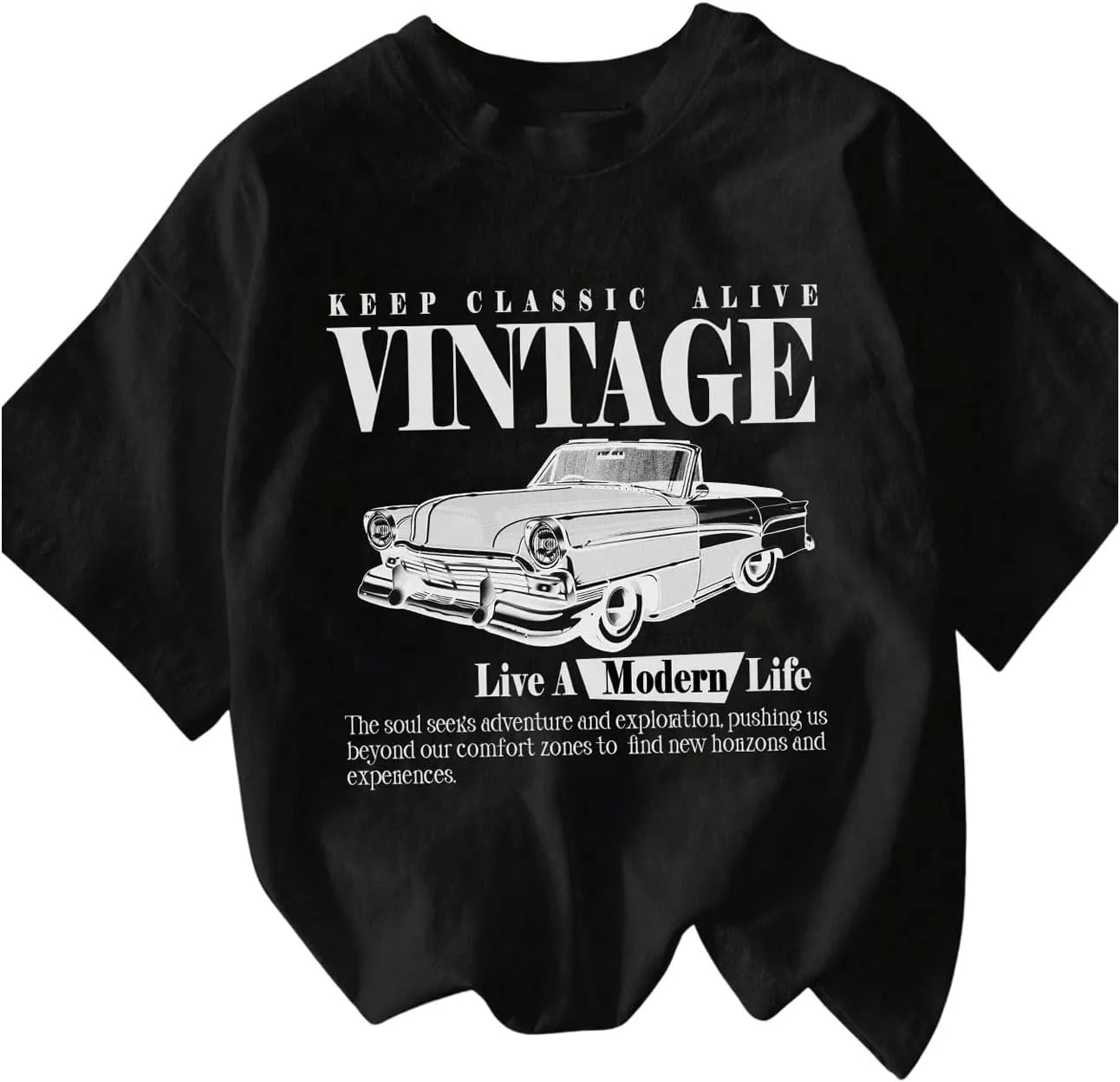 Women's Graphic Letter Tee Crew Neck Drop Shoulder Trendy Summer T Shirt Short Sleeve Vintage Car Print Top