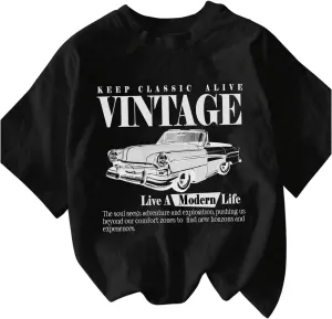 Women's Graphic Letter Tee Crew Neck Drop Shoulder Trendy Summer T Shirt Short Sleeve Vintage Car Print Top