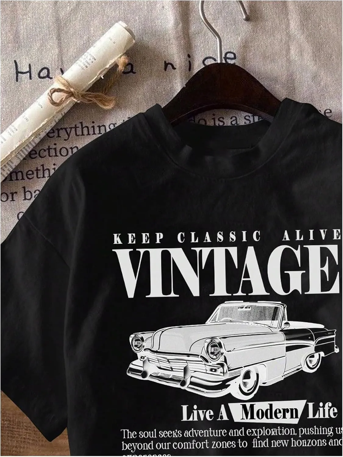 Women's Graphic Letter Tee Crew Neck Drop Shoulder Trendy Summer T Shirt Short Sleeve Vintage Car Print Top