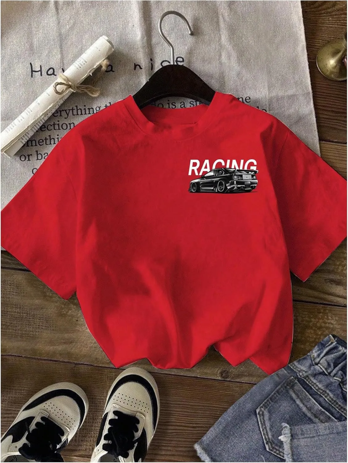 Women's Graphic Letter Tee Crew Neck Drop Shoulder Trendy Summer T Shirt Short Sleeve Vintage Car Print Top