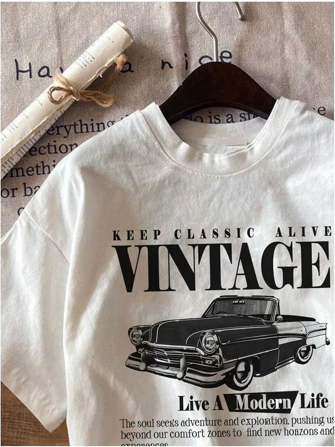 Women's Graphic Letter Tee Crew Neck Drop Shoulder Trendy Summer T Shirt Short Sleeve Vintage Car Print Top