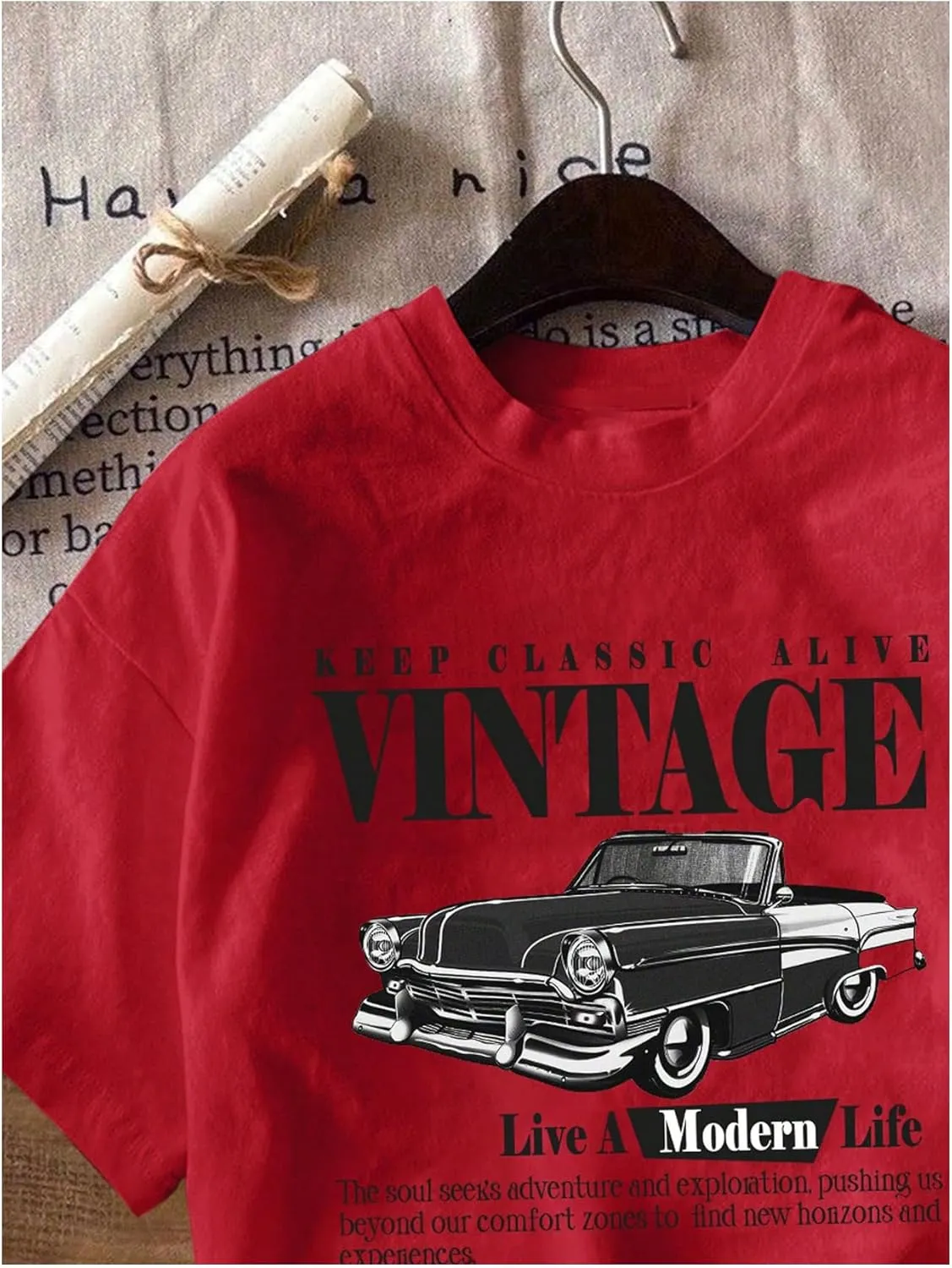 Women's Graphic Letter Tee Crew Neck Drop Shoulder Trendy Summer T Shirt Short Sleeve Vintage Car Print Top
