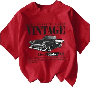 Women's Graphic Letter Tee Crew Neck Drop Shoulder Trendy Summer T Shirt Short Sleeve Vintage Car Print Top