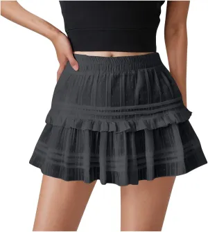Women's High Waist Ruffle Flowy Mini Skirts Fashion Stretchy Lined Layered Pleated Casual Beach Short Skirt