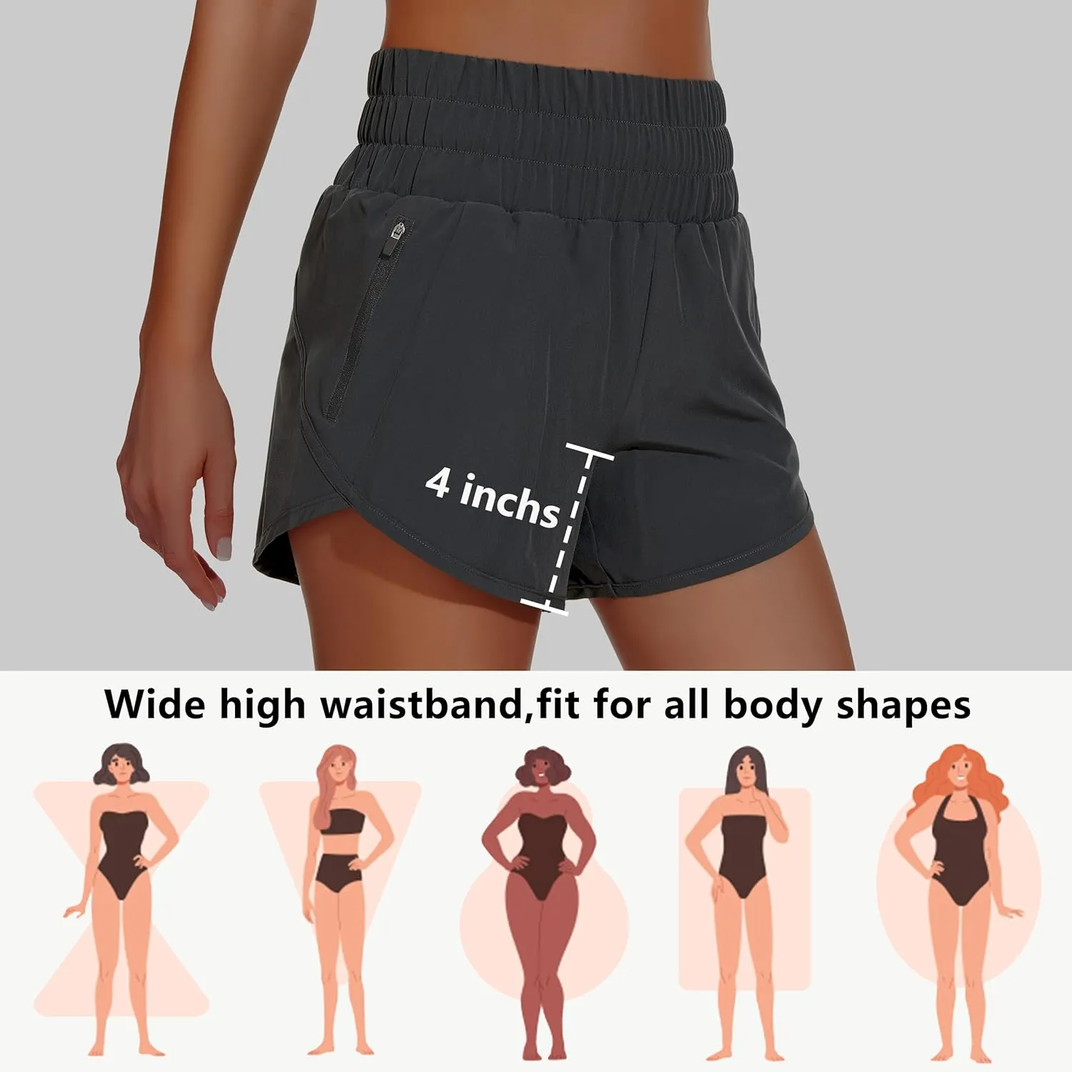 Women's High Waisted Athletic Shorts 4" High Rise Running Workout Gym Quick Dry Tummy Control Short with Zipper Pockets