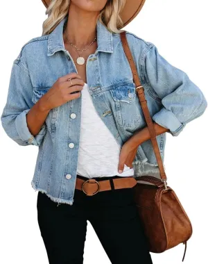 Women's Jean Denim Jacket Classic Trucker Shacket Button Up Frayed Cropped Loose Coats