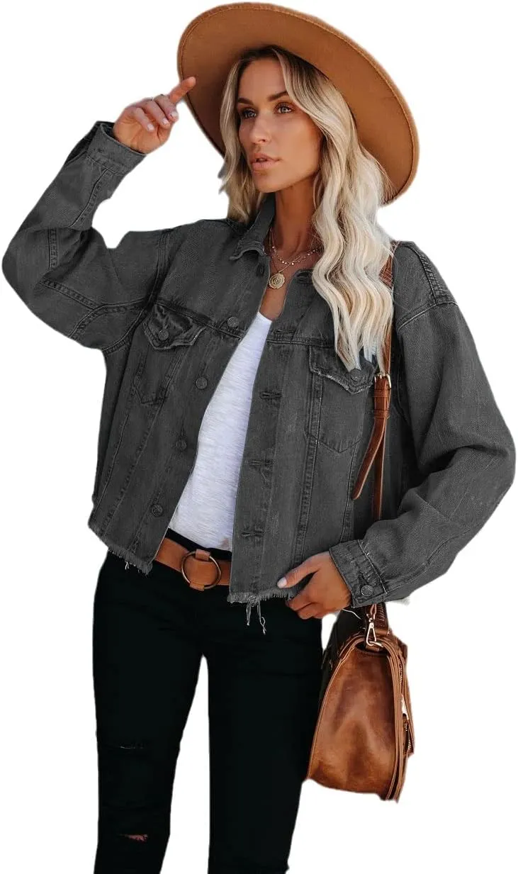 Women's Jean Denim Jacket Classic Trucker Shacket Button Up Frayed Cropped Loose Coats