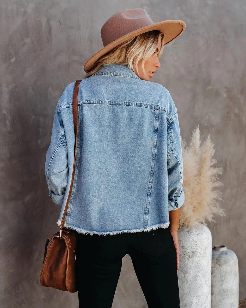Women's Jean Denim Jacket Classic Trucker Shacket Button Up Frayed Cropped Loose Coats
