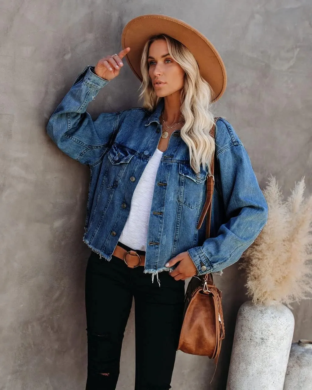 Women's Jean Denim Jacket Classic Trucker Shacket Button Up Frayed Cropped Loose Coats