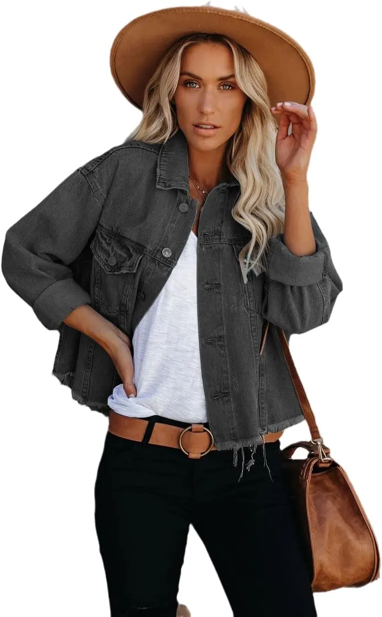 Women's Jean Denim Jacket Classic Trucker Shacket Button Up Frayed Cropped Loose Coats